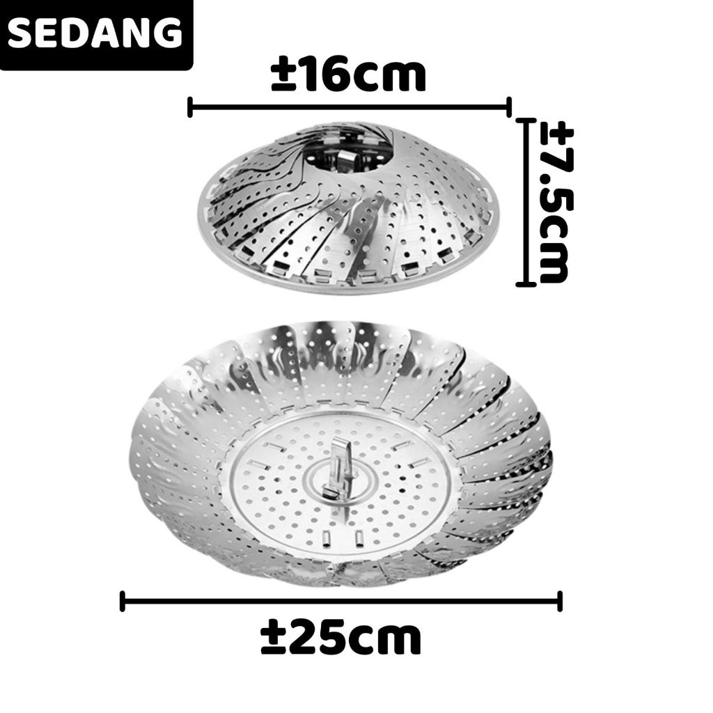 Alat Kukus Stainless Flexible Lipat 21 25 30cm / Steamer Tray Retractable Bunga Bulat / Nampan Alas Steam Makanan Bolu Bakpao Dimsum Siomay Pisang Ubi Jagung Singkong Serbaguna / Tatakan Panci Kukusan Tim Wadah Saringan Buah Sayur Stainles Steel Milenial