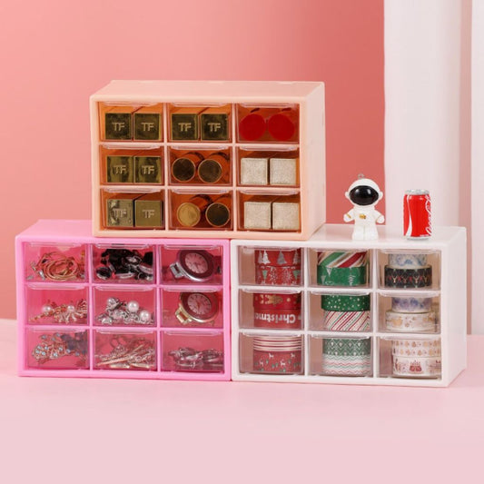 Kotak Laci 9 Sekat Serbaguna / Storage Box Drawer Susun Tempat Penyimpanan Slot Perhiasan Peralatan Make Up Kosmetik Aksesoris Headset Jarum Benang / Rak Organizer Lemari Meja Rias Minimalis 9 Layer Transparan Stationary Alat Tulis Sekolah Kantor