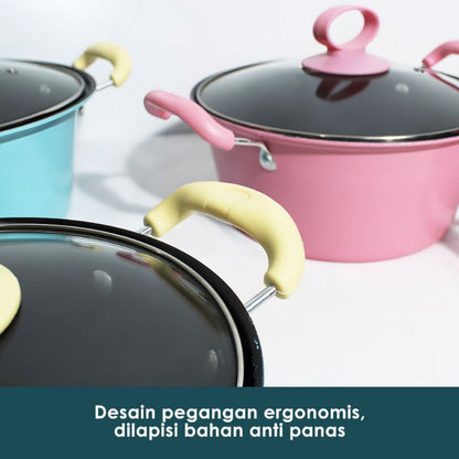 Panci Sup Enamel 18 20 22 24 cm Dengan Penutup Kaca / Teflon Wajan Bulat Gagang Kuping Goreng Tumis Kuah Rebus Ramen Indomie Telur Memasak Sayur Soup Bubur Serbaguna / Frying Pan Bahan Tebal Berkualitas Anti Lengket / Peralatan Masak Praktis Multifungsi