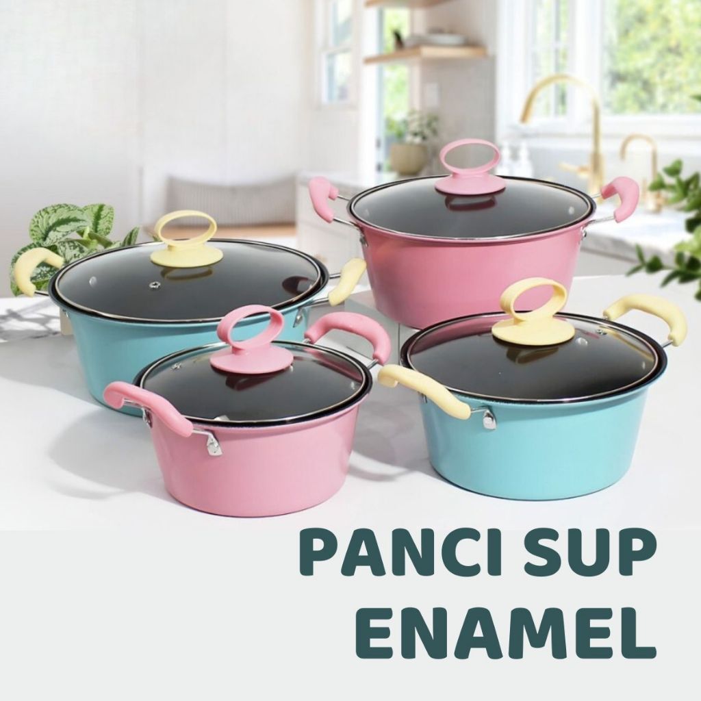 Panci Sup Enamel 18 20 22 24 cm Dengan Penutup Kaca / Teflon Wajan Bulat Gagang Kuping Goreng Tumis Kuah Rebus Ramen Indomie Telur Memasak Sayur Soup Bubur Serbaguna / Frying Pan Bahan Tebal Berkualitas Anti Lengket / Peralatan Masak Praktis Multifungsi