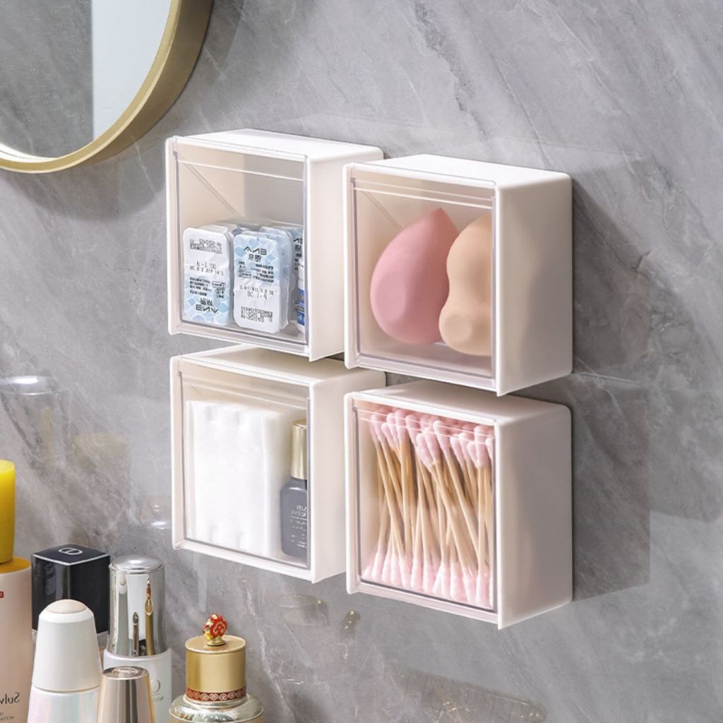 Kotak Penyimpanan Kapas Acrylic Tempel Dinding / Storage Box Minimalis Wadah Tempat Simpan Cotton Bud Korek Kuping Perhiasan Make Up Kunciran Aksesoris P3K Serbaguna / Rak Organizer Mini Transparan Aesthetic Anti Air Multifungsi