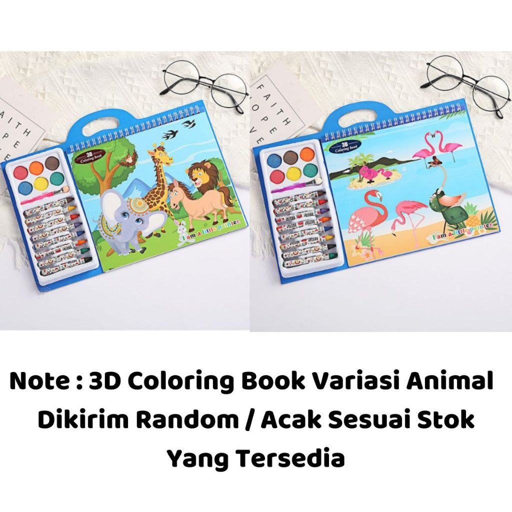 3D Coloring Book / Set Peralatan Buku Mewarnai Dengan Crayon Cat Air Lengkap Bergambar / Buku Keterampilan Menggambar Melatih Kemampuan Motorik Anak / Perlengkapan Melukis Untuk Hadiah Ulang Tahun Kado Mainan Edukasi Motif Lucu Buku Gambar TK PAUD SD Bayi