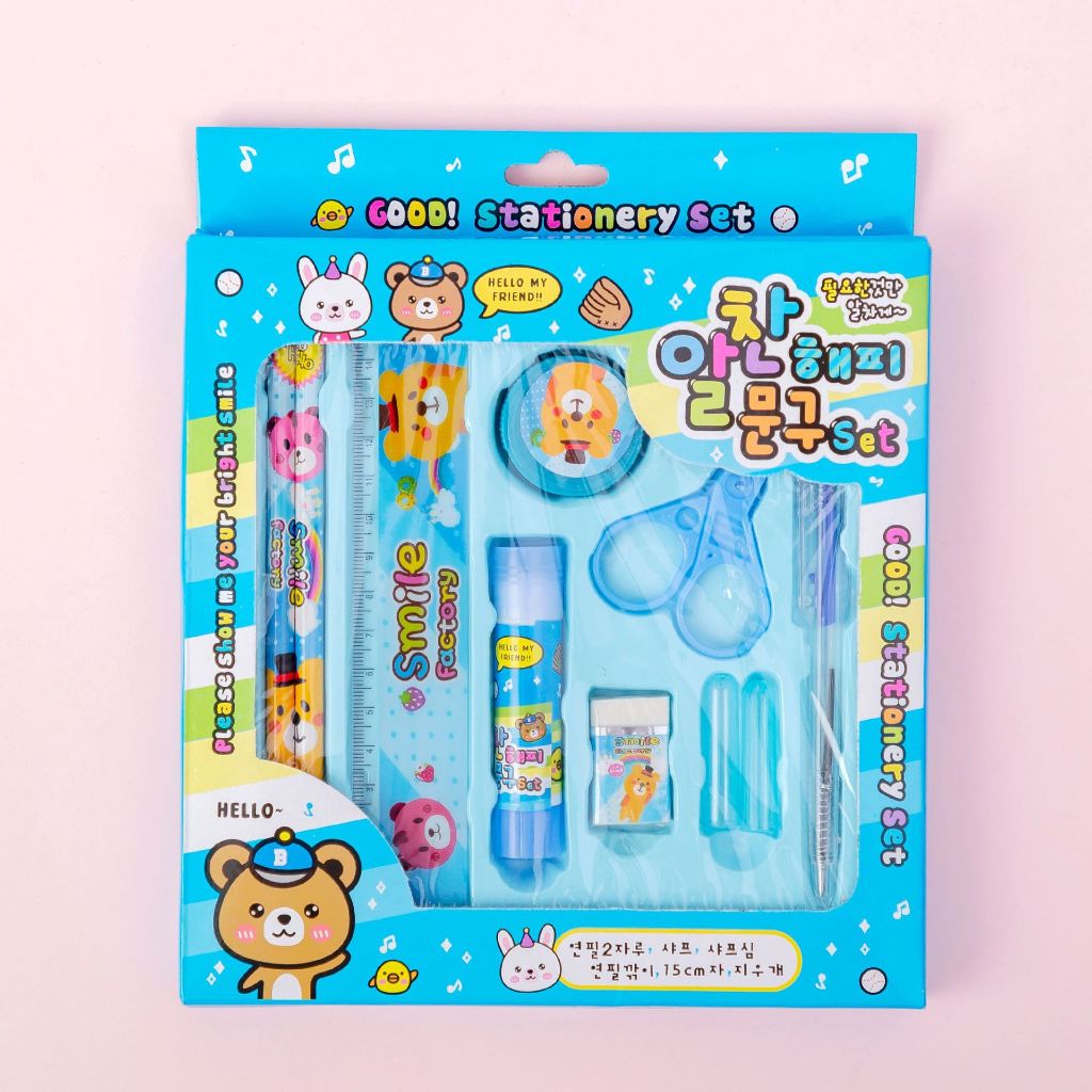 Pensil Set 9in1 Karakter Lucu / Paket Lengkap Alat Tulis Tutup Pensil Pulpen Penghapus Penggaris Rautan Lem Gunting Kertas Gambar kartun Imut / Mini Stationery Character 9 Pcs ATK Perlengkapan Menulis Anak Sekolah Hadiah Kado Ulang Tahun Souvenir SD PAUD