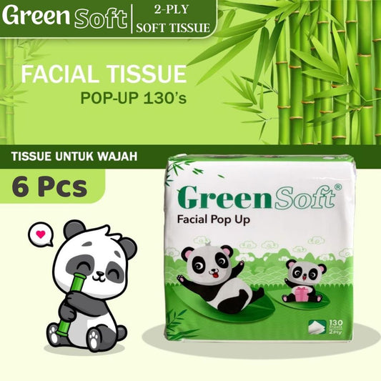 (Set) Tissue Panda 6 Pack FREE Kotak Tempat Tisu Isi 130 Lembar 2Ply GreenSoft / Lap Selampai Pembersih Noda Kotoran Wajah Tangan Anti Bakteri / Kertas Tissu Facial Meja Dapur Pop Up Mini Halus Lembut Green Soft Kantor Mobil Rumah Kamar Murah Termurah