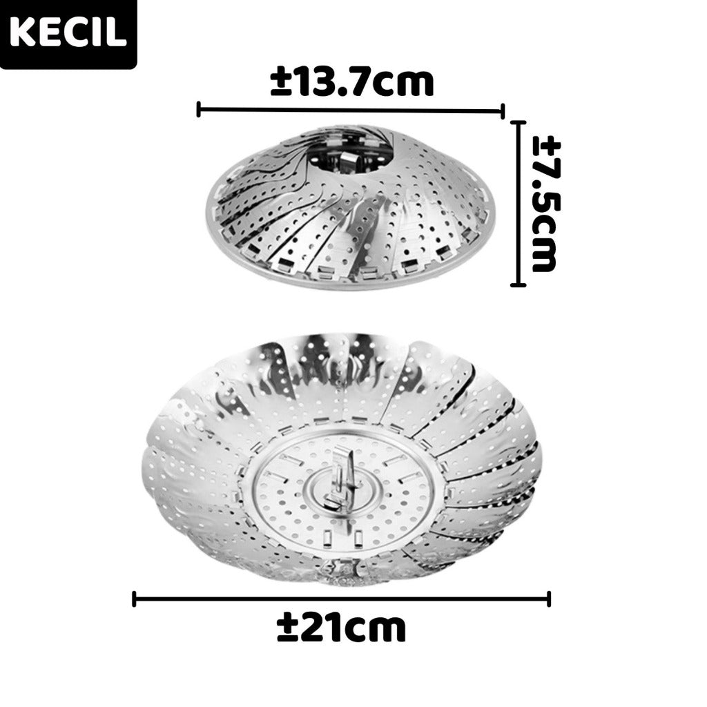 Alat Kukus Stainless Flexible Lipat 21 25 30cm / Steamer Tray Retractable Bunga Bulat / Nampan Alas Steam Makanan Bolu Bakpao Dimsum Siomay Pisang Ubi Jagung Singkong Serbaguna / Tatakan Panci Kukusan Tim Wadah Saringan Buah Sayur Stainles Steel Milenial