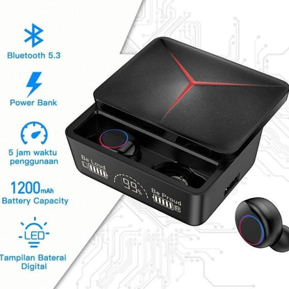 Earphone Bluetooth TWS M90Pro + Powerbank 1200mAh Charging Case / Wireless Headset Bass Stereo In-Ear Handsfree Earbuds LED Digital Dispaly Microphone Running Gym Olahraga Sepeda Hiking Fitness Earbud Tombol Play Plause Call Volume Next Noise Cancellation