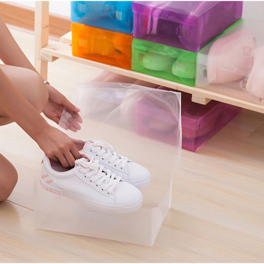 Kotak Sepatu Bahan Plastik Transparan Tebal / Shoes Storage Box Organizer Tempat Penyimpanan Sandal Heels Warna-Warni Serbaguna / Rak Wadah Lipat Susun Multifungsi