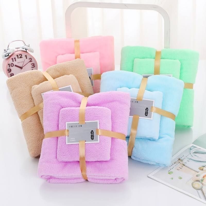 Set Handuk Mandi 2in1 Bahan Halus / Quick Drying Bath Towel Kain Bulu Karang Lembut Tebal Serap Air Cepat Kering / Handuk Badan Wajah Anak Dewasa Warna Pastel Untuk Hadiah Kado Pernikahan Souvenir Pindah Rumah Tukar Kado Serbaguna Berkualitas