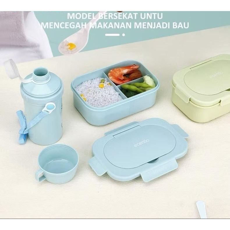 Lunch Box Set + Botol Minum Anak BPA FREE / Tempat Bekal Kotak Makan 3 Sekat Bento Bekal Anak Sekolah Kantor Anti Tumpah Food Grade