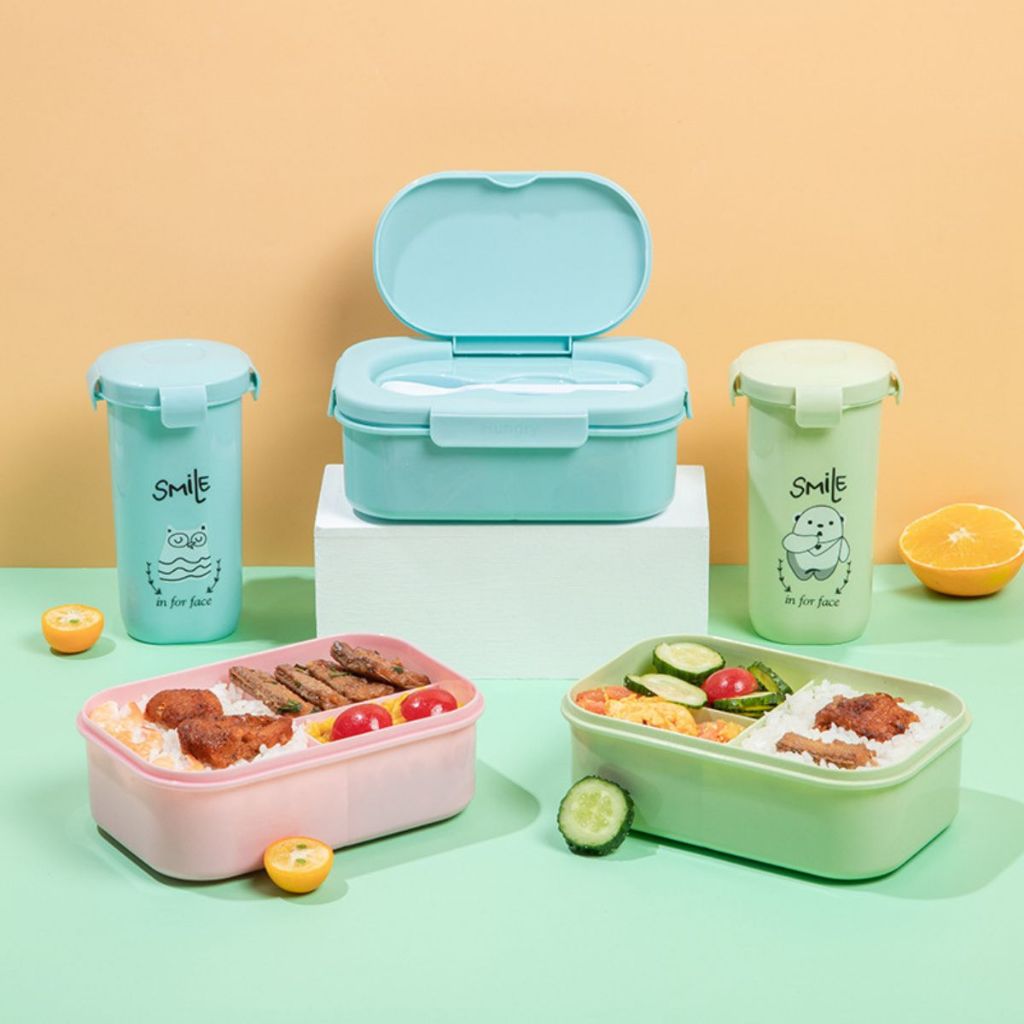 Lunch Box Set + Botol Minum Anak BPA FREE / Tempat Bekal Kotak Makan 3 Sekat Bento Bekal Anak Sekolah Kantor Anti Tumpah Food Grade