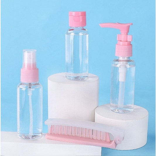 Botol Travel Kit 7 in 1 Mini Refill Bottle Spray Pump Jar Pouch Organizer Wadah Isi Ulang Kosmetik Sabun Shampoo Cair Parfum Lotion Paket Lengkap