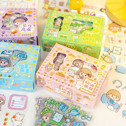 Sticker Box MOMO Roll / Washitape Isi 4 Roll + 10 Lembar / Stiker Waterproof Dekorasi Buku Terlaris