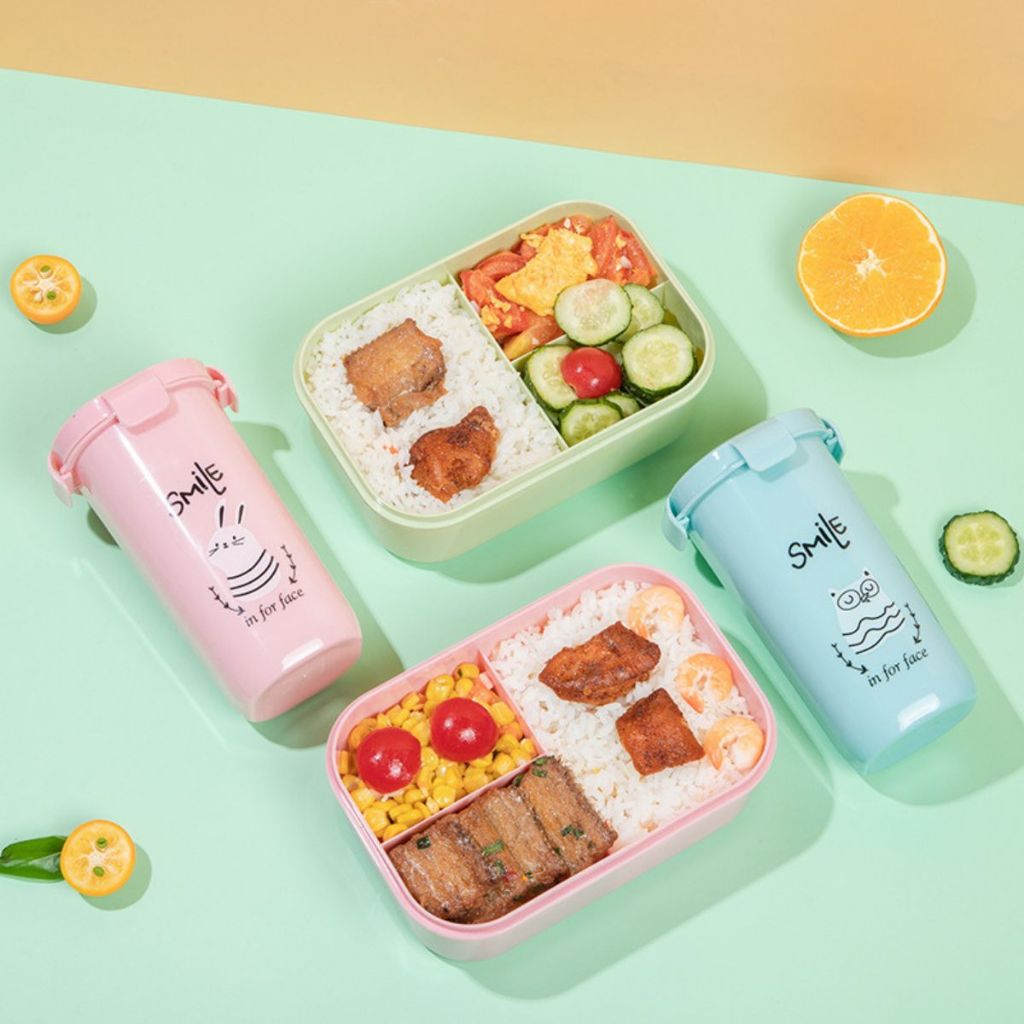 Lunch Box Set + Botol Minum Anak BPA FREE / Tempat Bekal Kotak Makan 3 Sekat Bento Bekal Anak Sekolah Kantor Anti Tumpah Food Grade