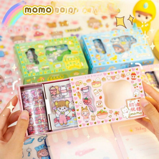 Sticker Box MOMO Roll / Washitape Isi 4 Roll + 10 Lembar / Stiker Waterproof Dekorasi Buku Terlaris