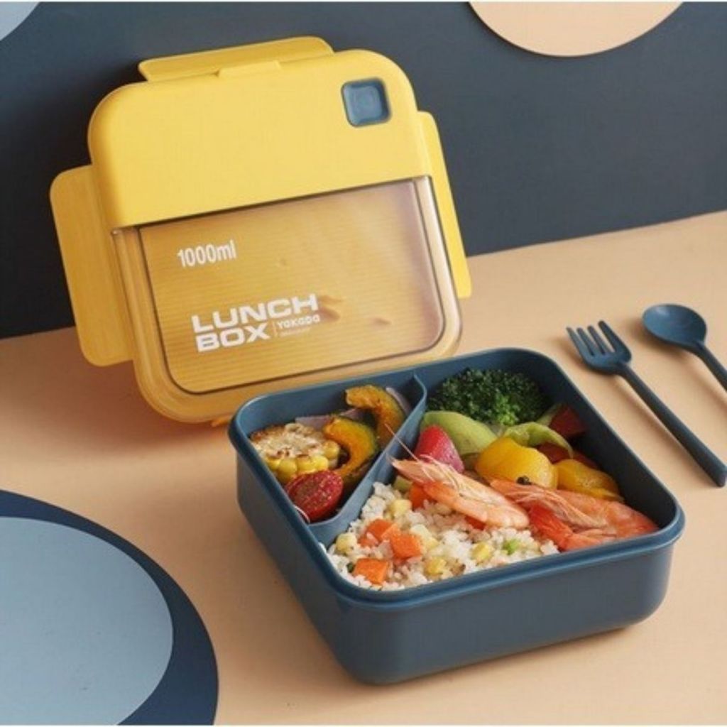 Lunch Box Set Kotak Bekal Makan 2in1 Free Sendok Garpu / Wadah Penyimpanan Makanan 2 Sekat Bento Bekal Anak Sekolah Kantor Anti Tumpah Food Grade