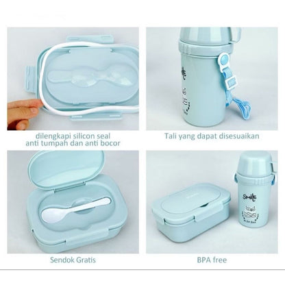 Lunch Box Set + Botol Minum Anak BPA FREE / Tempat Bekal Kotak Makan 3 Sekat Bento Bekal Anak Sekolah Kantor Anti Tumpah Food Grade