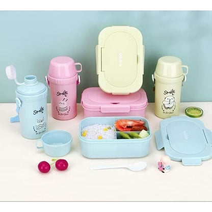 Lunch Box Set + Botol Minum Anak BPA FREE / Tempat Bekal Kotak Makan 3 Sekat Bento Bekal Anak Sekolah Kantor Anti Tumpah Food Grade