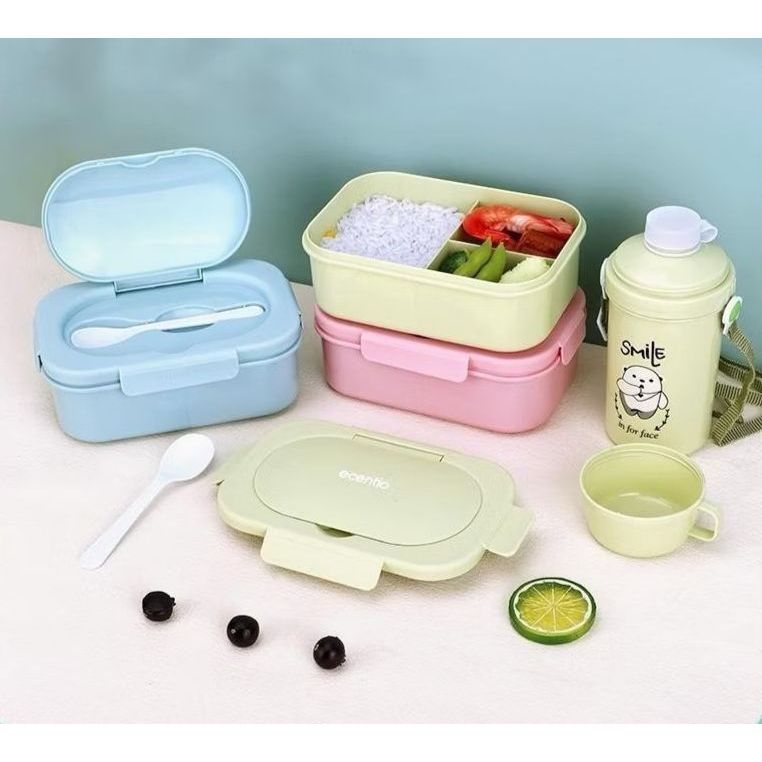 Lunch Box Set + Botol Minum Anak BPA FREE / Tempat Bekal Kotak Makan 3 Sekat Bento Bekal Anak Sekolah Kantor Anti Tumpah Food Grade