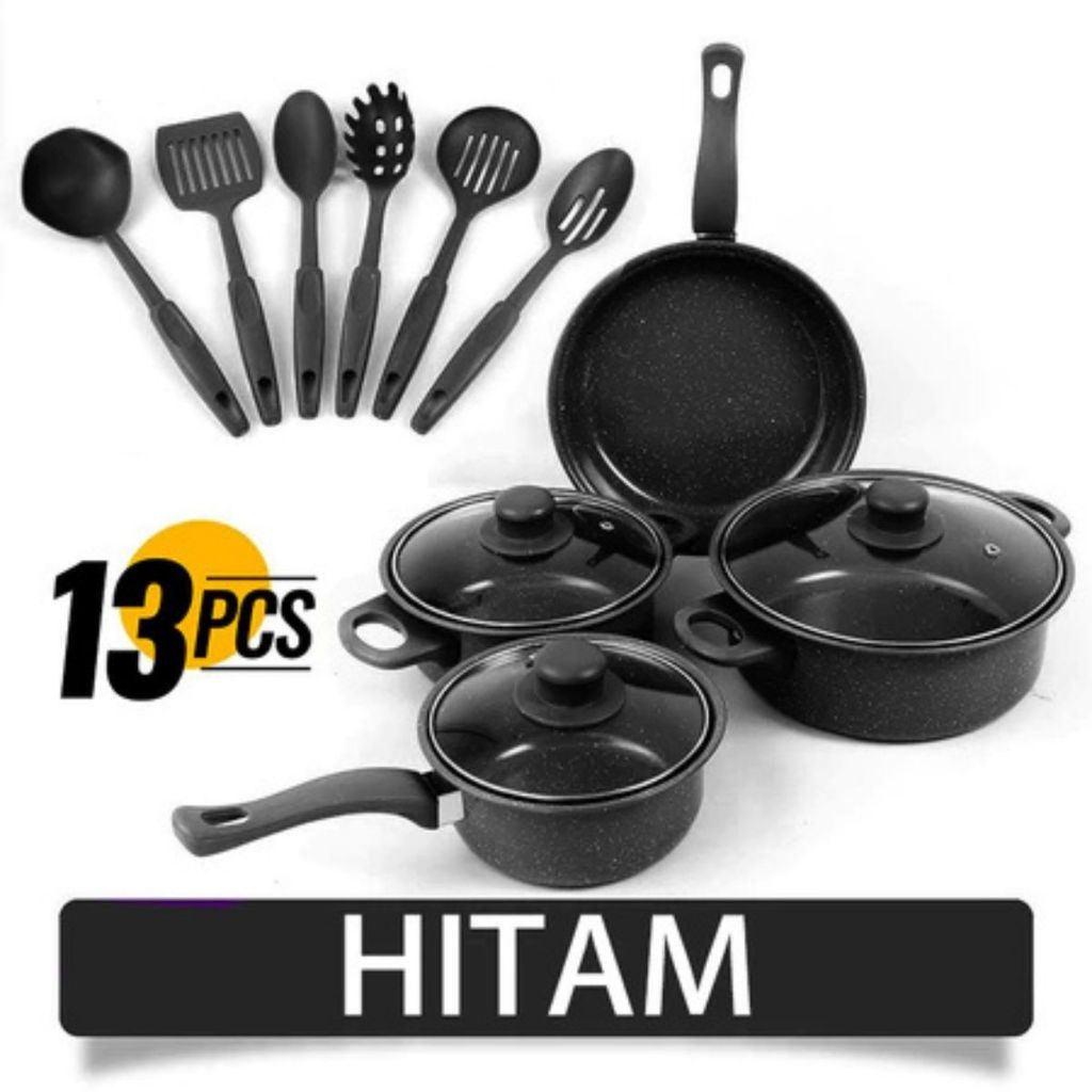 Set Panci 13pcs / Frypan Marblel 3in1 / Wajan Penggorengan Spatula Anti Lengket CookWare Multifungsi