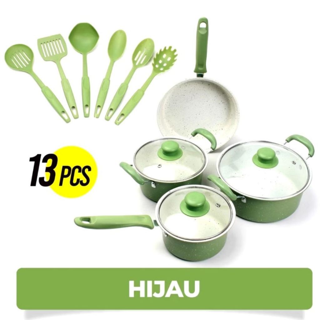 Set Panci 13pcs / Frypan Marblel 3in1 / Wajan Penggorengan Spatula Anti Lengket CookWare Multifungsi