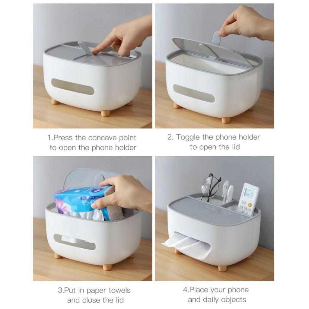 Tempat Tisu Phone Stand 3in1 / Storage Box Multifungsi / Kotak Tissue Aesthetic Holder Hp Remote Tv Kacamata Anti Slip Serbaguna