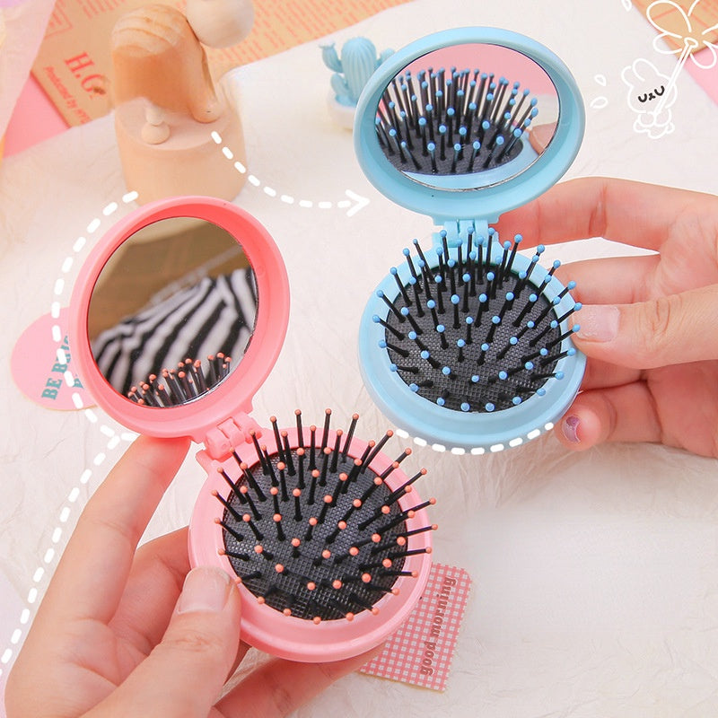 Sisir Rambut + Cermin Bulat Lipat 2in1/ Sisir Pijat Kepala Anti Kusut Rontok Dengan Kaca Mini / Hair Comb And Massage Scalp With Glass / Alat Make Over Penata Rambut Lembut Travelling Ala Korea Travel Size