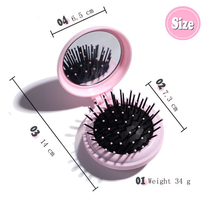 Sisir Rambut + Cermin Bulat Lipat 2in1/ Sisir Pijat Kepala Anti Kusut Rontok Dengan Kaca Mini / Hair Comb And Massage Scalp With Glass / Alat Make Over Penata Rambut Lembut Travelling Ala Korea Travel Size