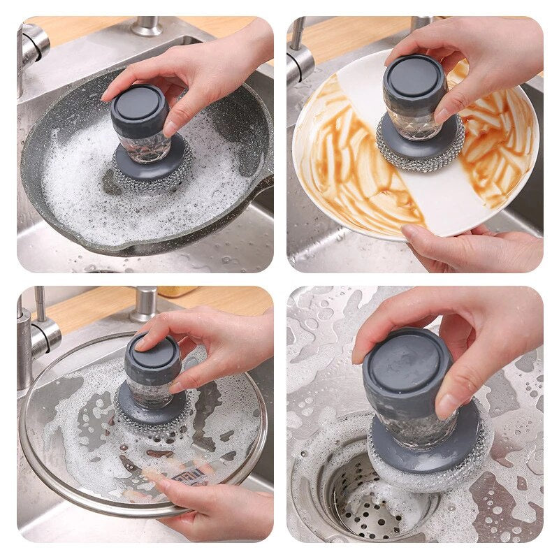 Sikat Sabut Kawat Dengan Dispenser Tabung Sabun Cuci Piring / Spons Serabut Alumunium Spon Sponge Alat Penggosok Pembersih Panci Wajan Kuali Piring Mangkok Serbaguna Anti Kerak / Ball Scrubbing Brush With Soap Dispenser