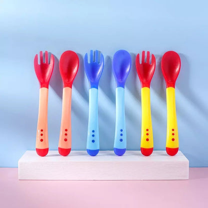 Sendok Garpu Makan Bayi Silicone SENSOR SUHU PANAS Color Changing Lentur BPA FREE Food Grade / Peralatan MPASI Spoon And Fork Baby Silikon Temperature Baby Balita Anak Kids Newborn