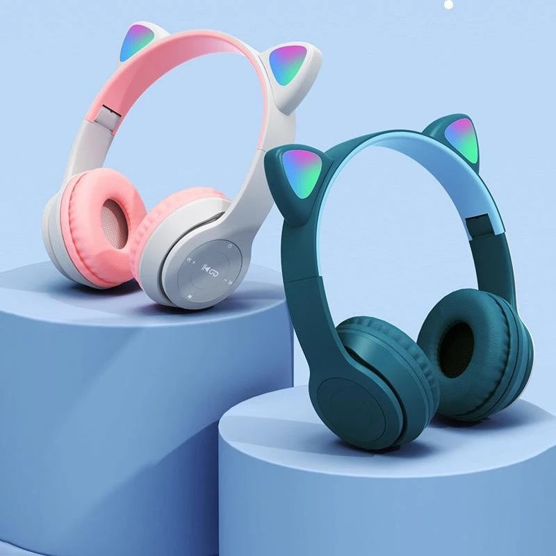 Headphone Bluetooth P47M RGB LED / Cute Cat Ear Wireless Audio Stereo Super Bass Headset Bando Gaming Lipat Bentuk Kuping Kucing Lucu Bombastis Tanpa Kabel Memory Card Micro USB Charger Earphone Headset Hadiah Kado Teman Sekolah