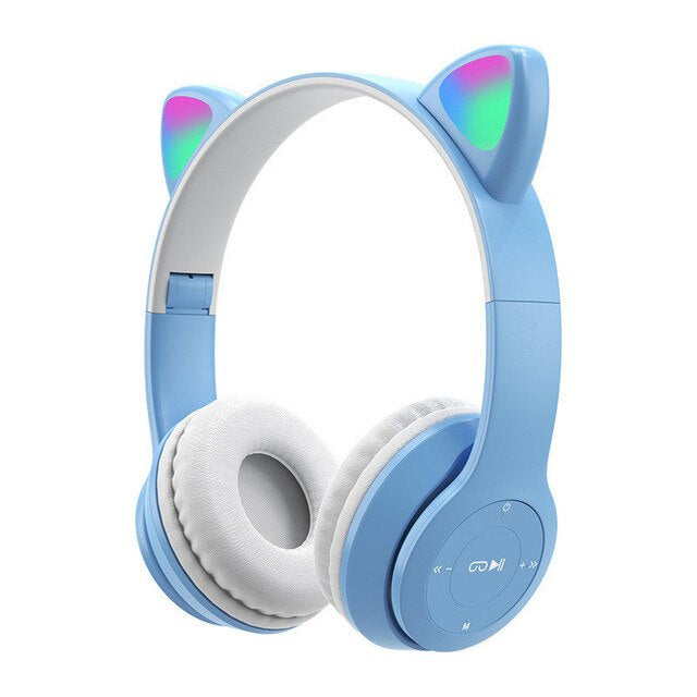 Headphone Bluetooth P47M RGB LED / Cute Cat Ear Wireless Audio Stereo Super Bass Headset Bando Gaming Lipat Bentuk Kuping Kucing Lucu Bombastis Tanpa Kabel Memory Card Micro USB Charger Earphone Headset Hadiah Kado Teman Sekolah