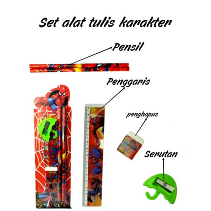 Alat Tulis Karakter Set 5In1 / Paket Lengkap Pensil Penghapus Rautan Penggaris Bergambar Kartun / Mini Stationery Set Character ATK Peralatan Menulis Anak Sekolah 5 In 1 Souvenir Hadiah kado Motif Lucu Unik Disney Doraemon Frozen Spiderman Mickey Princess