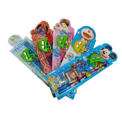 Alat Tulis Karakter Set 5In1 / Paket Lengkap Pensil Penghapus Rautan Penggaris Bergambar Kartun / Mini Stationery Set Character ATK Peralatan Menulis Anak Sekolah 5 In 1 Souvenir Hadiah kado Motif Lucu Unik Disney Doraemon Frozen Spiderman Mickey Princess