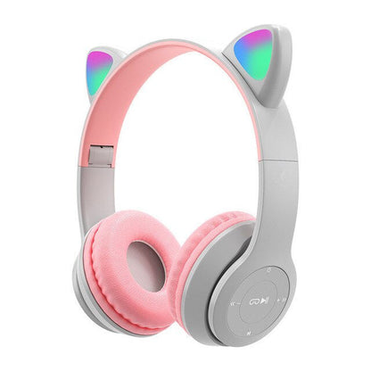 Headphone Bluetooth P47M RGB LED / Cute Cat Ear Wireless Audio Stereo Super Bass Headset Bando Gaming Lipat Bentuk Kuping Kucing Lucu Bombastis Tanpa Kabel Memory Card Micro USB Charger Earphone Headset Hadiah Kado Teman Sekolah