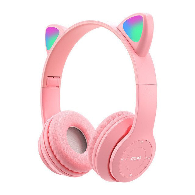 Headphone Bluetooth P47M RGB LED / Cute Cat Ear Wireless Audio Stereo Super Bass Headset Bando Gaming Lipat Bentuk Kuping Kucing Lucu Bombastis Tanpa Kabel Memory Card Micro USB Charger Earphone Headset Hadiah Kado Teman Sekolah