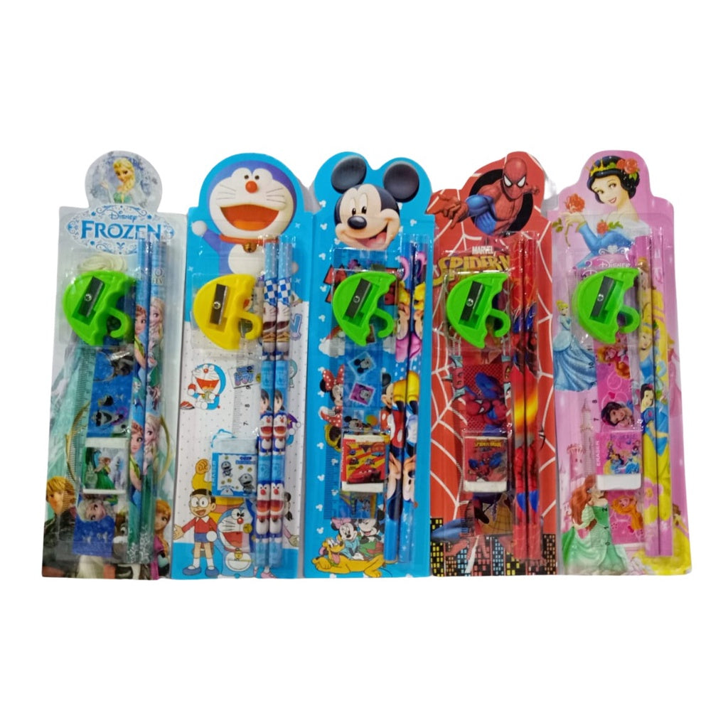 Alat Tulis Karakter Set 5In1 / Paket Lengkap Pensil Penghapus Rautan Penggaris Bergambar Kartun / Mini Stationery Set Character ATK Peralatan Menulis Anak Sekolah 5 In 1 Souvenir Hadiah kado Motif Lucu Unik Disney Doraemon Frozen Spiderman Mickey Princess