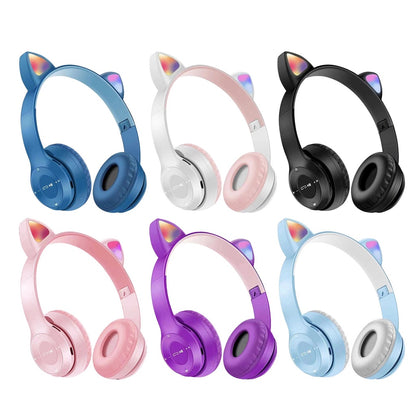 Headphone Bluetooth P47M RGB LED / Cute Cat Ear Wireless Audio Stereo Super Bass Headset Bando Gaming Lipat Bentuk Kuping Kucing Lucu Bombastis Tanpa Kabel Memory Card Micro USB Charger Earphone Headset Hadiah Kado Teman Sekolah