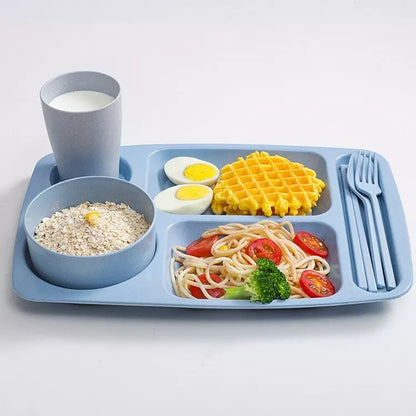 Piring Makan 5 Sekat Bahan Jerami Gandum - Flat Dinner Plate Tempat Makanan Bayi Anak Balita Dengan Sekat Pemisah Lauk Wadah Tray Catering 5 Partitions Aman Bisa Microwave