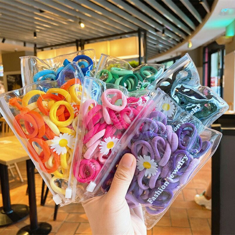 Ikat Rambut Polos Isi 50pcs Free Pouch - Karet Donut Towel Ring Import Korea Gelang Tali Kunciran Warna Warni Cerah Pastel Korean Style Kuncir Nilon Elastis Simple Elegan Aksesoris Rambut Anak Dan Dewasa Nyaman Anti Kusut Tidak Berbekas Tanpa Bekas