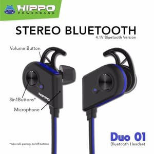 Headset Bluetooth Hippo Sport Duo 01 Earphone Handsfree Kabel Stereo Music Telepon Earbuds Magnet