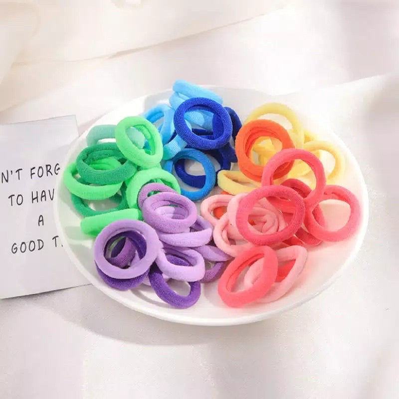 Ikat Rambut Polos Isi 50pcs Free Pouch - Karet Donut Towel Ring Import Korea Gelang Tali Kunciran Warna Warni Cerah Pastel Korean Style Kuncir Nilon Elastis Simple Elegan Aksesoris Rambut Anak Dan Dewasa Nyaman Anti Kusut Tidak Berbekas Tanpa Bekas