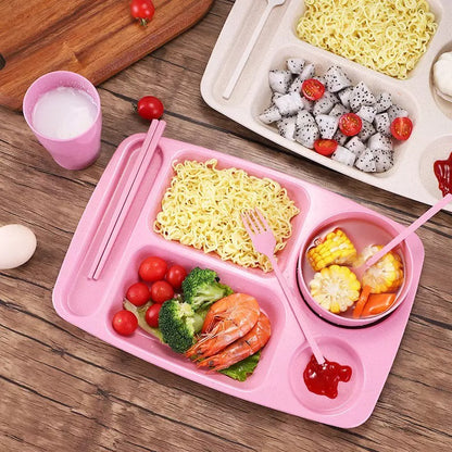 Piring Makan 5 Sekat Bahan Jerami Gandum - Flat Dinner Plate Tempat Makanan Bayi Anak Balita Dengan Sekat Pemisah Lauk Wadah Tray Catering 5 Partitions Aman Bisa Microwave