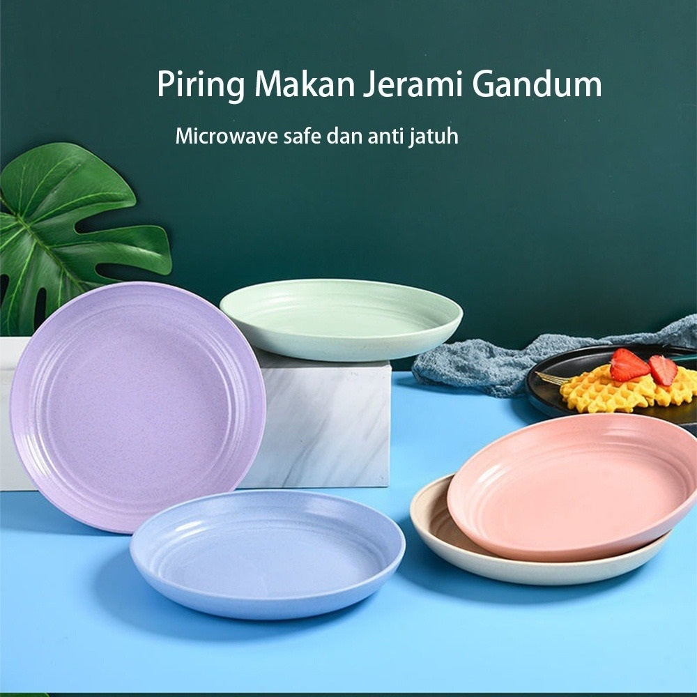 Piring Makan Bulat 20cm 15cm Bahan Jerami Gandum BPA FREE Tahan Panas Food Grade Wheatstraw Round Plate Wadah Tempat Makanan Snack Kue Warna Pastel Untuk Hadiah Pernikahan Anti Pecah Soup plate Anak Dewasa PP Lunch Dinner Alas Tatakan