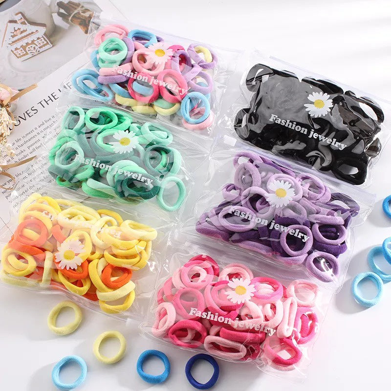 Ikat Rambut Polos Isi 50pcs Free Pouch - Karet Donut Towel Ring Import Korea Gelang Tali Kunciran Warna Warni Cerah Pastel Korean Style Kuncir Nilon Elastis Simple Elegan Aksesoris Rambut Anak Dan Dewasa Nyaman Anti Kusut Tidak Berbekas Tanpa Bekas