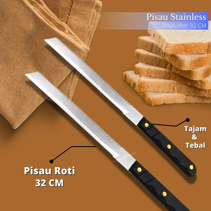 Bread Knife Pisau Roti Panjang 2 Sisi Stainless Steel - Alat Potong Cake Iris Kue Tajam Double Sided Polos dan Bergerigi - Pemotong Bolu Chiffon Anti Karat