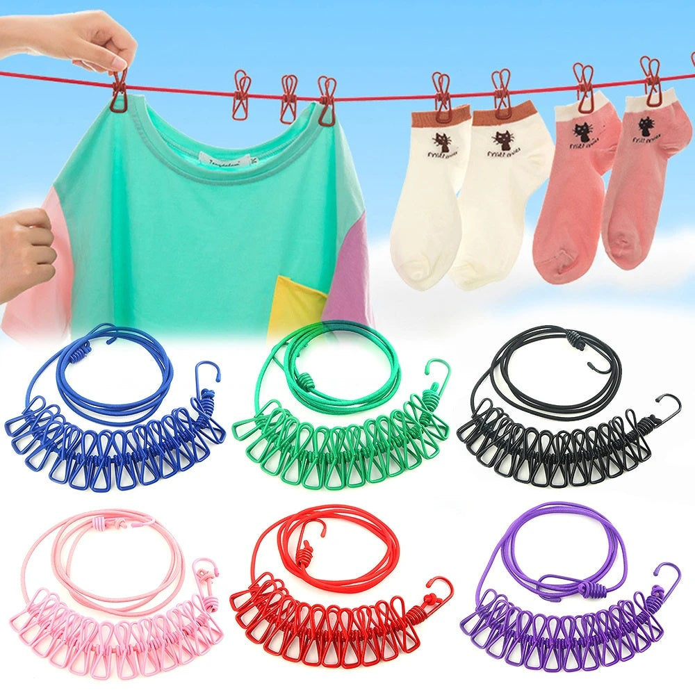 Tali Jemuran Elastis 12 Klip Jepitan / Gantungan Baju Kaos Kaki Pakaian Dalam Portable Retractable Clothesline With Clips Laundry Rope 12 Jepit Untuk Travelling Berkemah Praktis Super Kuat