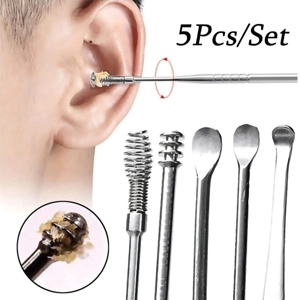 Alat Pembersih Kotoran Telinga Set 5in1 6in1 Stainless Steel Earpick Perlengkapan Perawatan Kebersihan Indra Pendengaran Ear Wax Removal Kit 5Pcs 6Pcs Korek Kuping Tongkat Sendok Tahan Karat