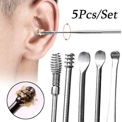 Alat Pembersih Kotoran Telinga Set 5in1 6in1 Stainless Steel Earpick Perlengkapan Perawatan Kebersihan Indra Pendengaran Ear Wax Removal Kit 5Pcs 6Pcs Korek Kuping Tongkat Sendok Tahan Karat