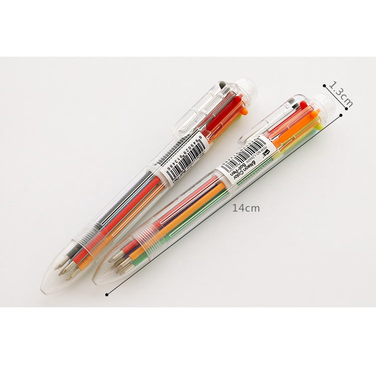 Pulpen 6 Warna isi Tinta 6in1 Pena 0.5mm / Ballpoint Perlengkapan Menulis Multicolor Pen Case Transparent Transparan Bolpen Mix Colour Alat Tulis Kantor Sekolah Warna Warni