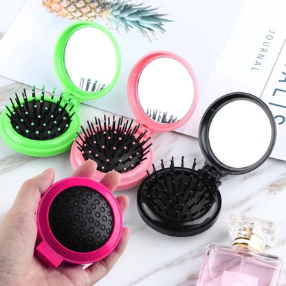 Sisir Rambut + Cermin Bulat Lipat 2in1/ Sisir Pijat Kepala Anti Kusut Rontok Dengan Kaca Mini / Hair Comb And Massage Scalp With Glass / Alat Make Over Penata Rambut Lembut Travelling Ala Korea Travel Size